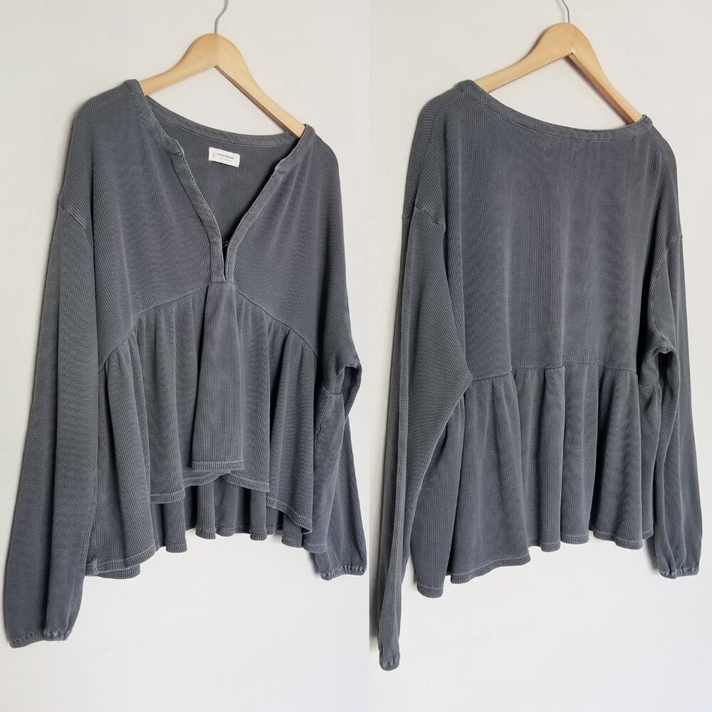 Lucky Brand Waffle Knit Peplum Top L Ebony Grey 100% Cotton Oversized Babydoll - Picture 15 of 16